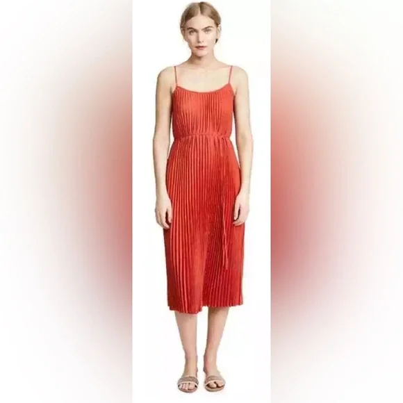 VINCE Crinkled Plissé-crepe Midi Dress In Papaya Women's Size Small - Picture 10 of 12